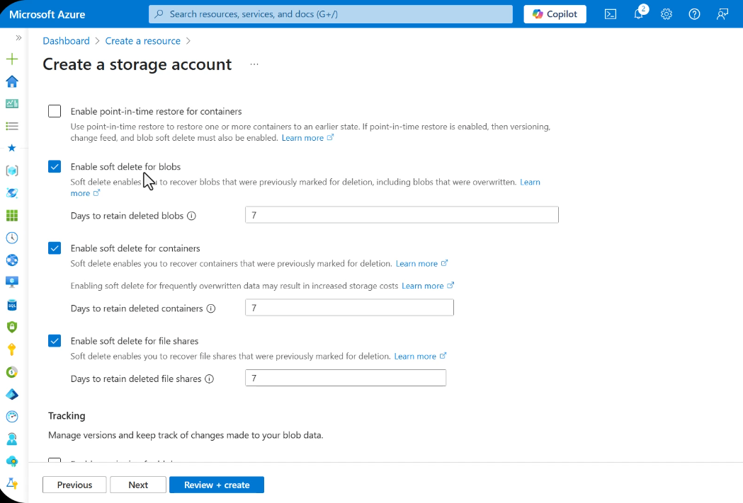 Data Protection tab showing point-in-time restore and soft delete options
