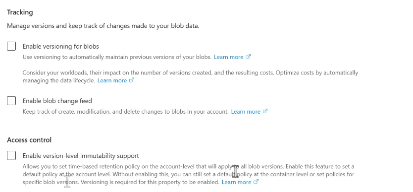 Versioning and change feed configuration options