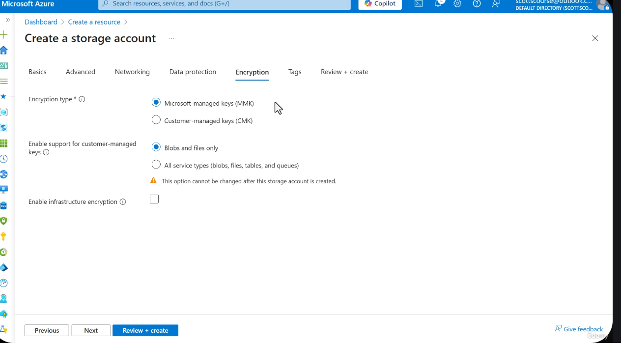 Encryption tab configuration in the Azure Portal