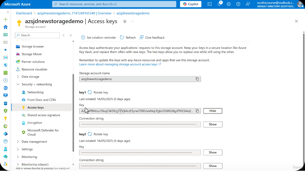 Access keys section in the Azure Portal