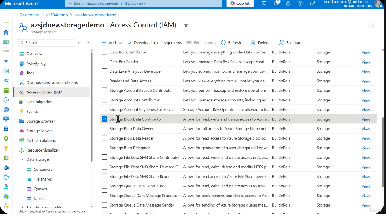 IAM / Access Control panel showing role assignments and configuration