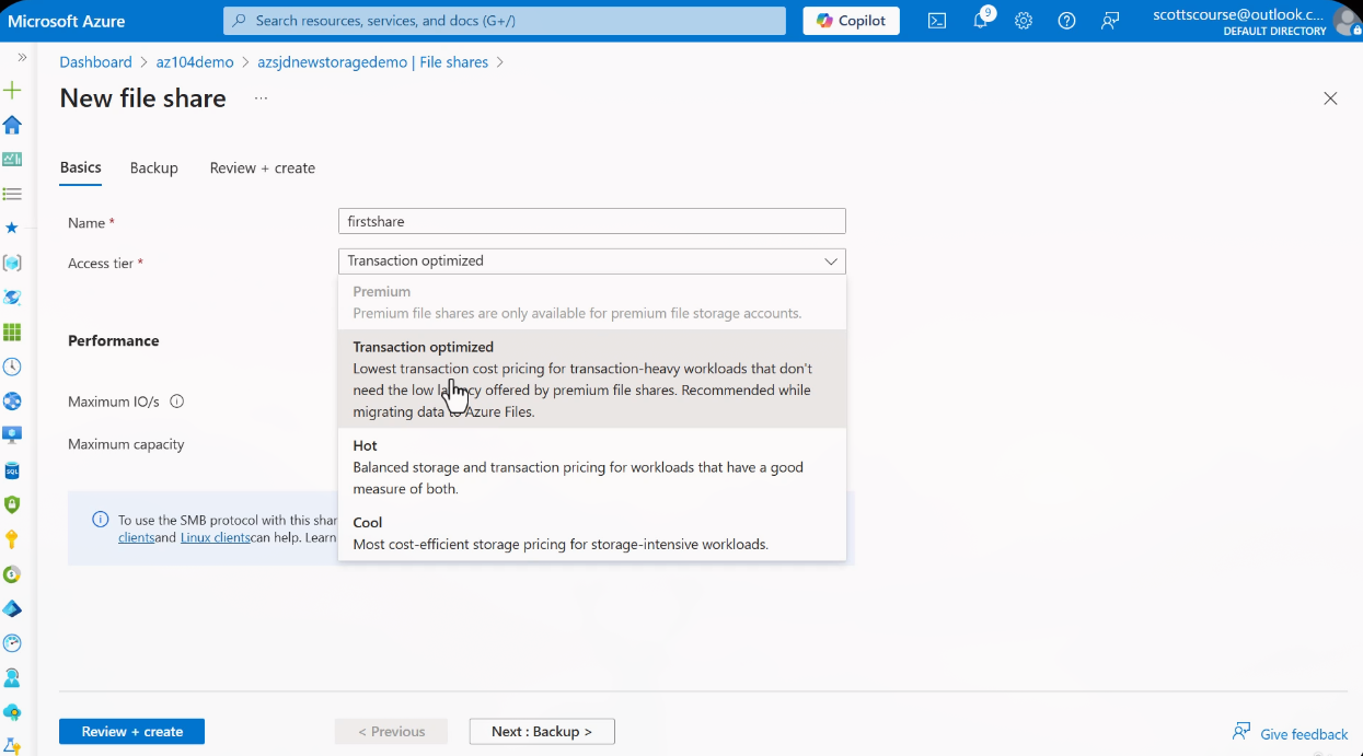 File share creation in the Azure Portal