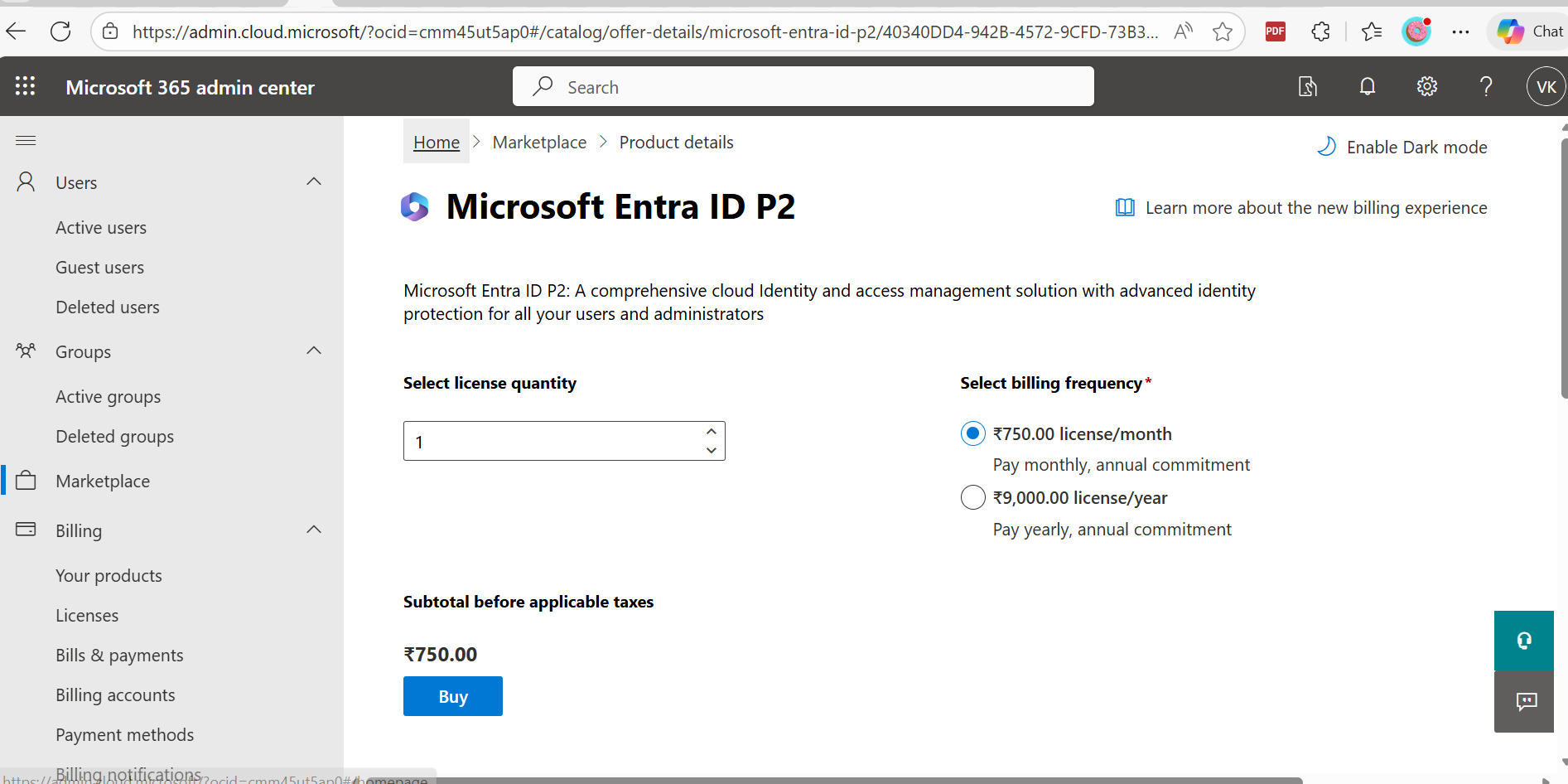 Purchasing P2 in Admin Center